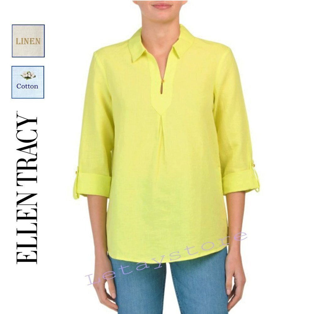NWT ELLEN TRACY Linen / Cotton Blend Split V Inverted Pleat Tunic Shirt